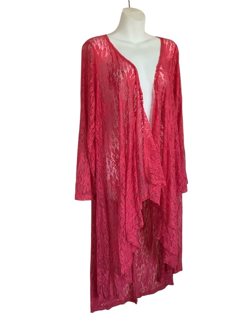 Cleo Apparel long Cardigan, women XL EUC, Hot Pink Lace, Coverup, duster, robe.